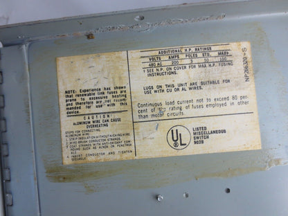 GE THPS364 FUSIBLE INTERRUPTER - 200A, 600VAC, 3-POLE - 60HP, 100HP MAX