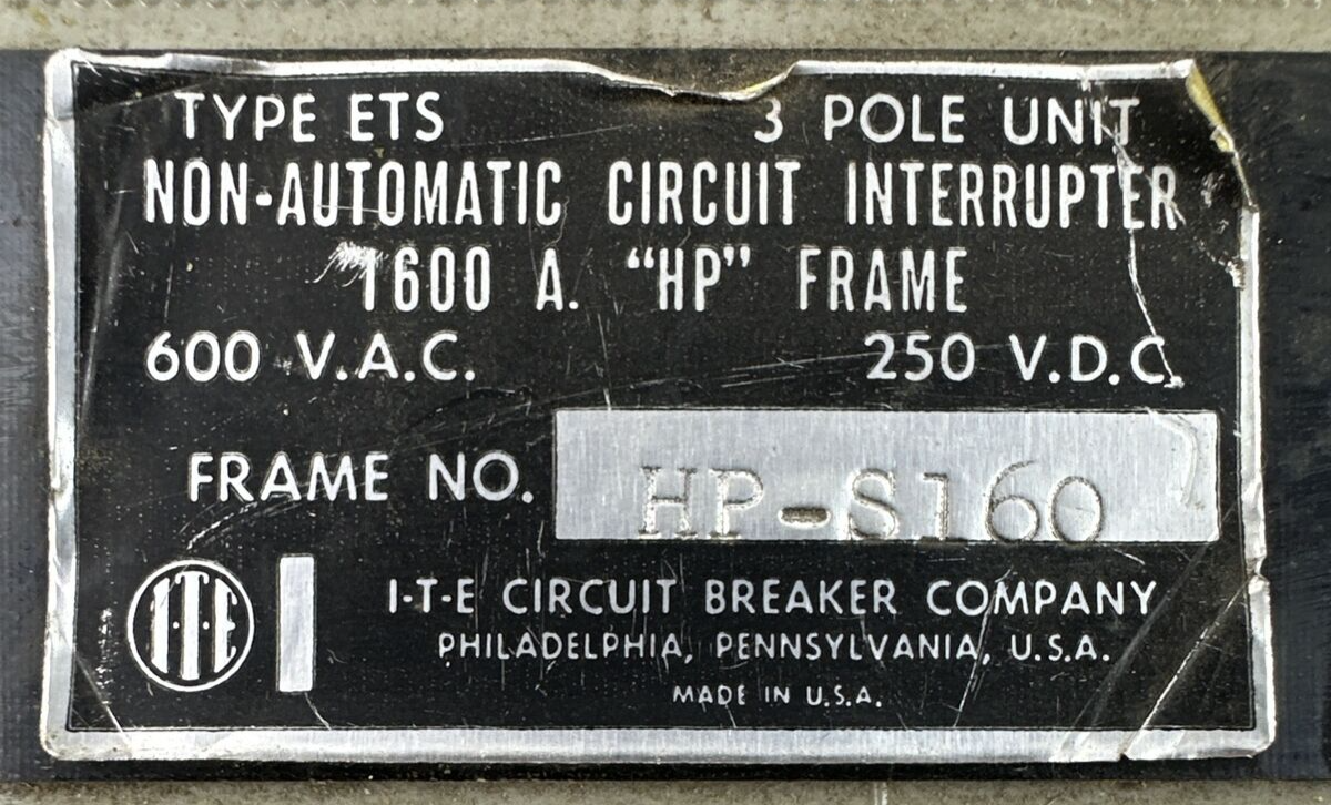 ITE HP-S16 600VAC 250VDC 3POLE 1600A NON-AUTOMATIC CIRCUIT INTERUPTER "HP" FRAME