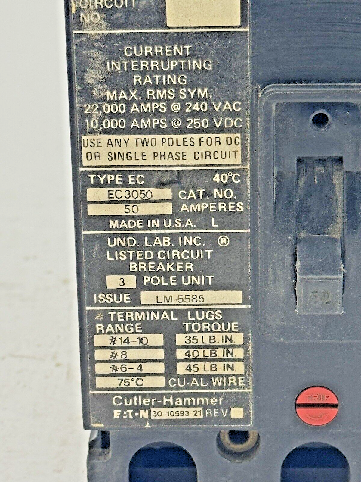 CUTLER-HAMMER - EC3050 - CIRCUIT BREAKER - 50 A, 240 VAC, 3 POLE