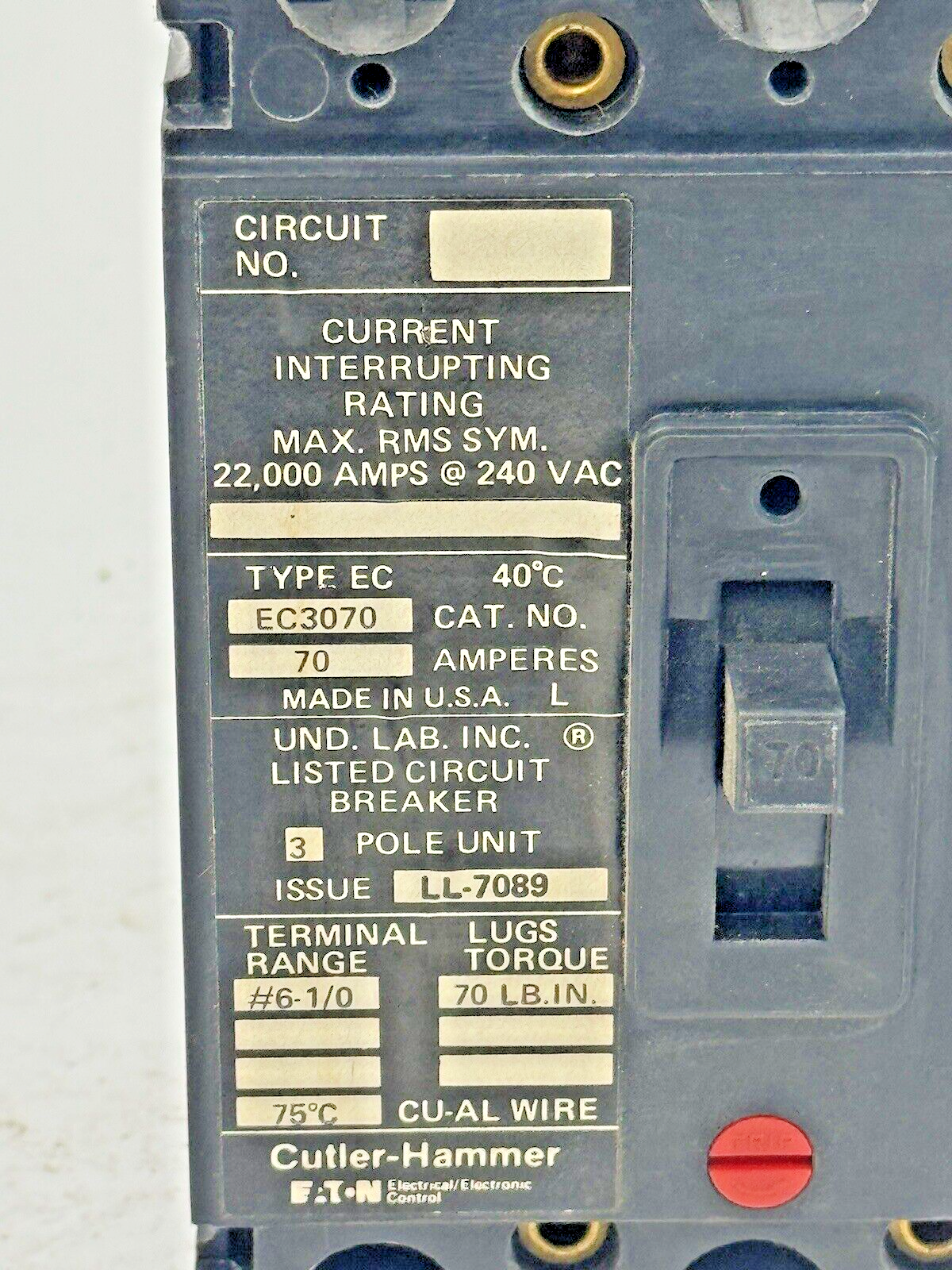 CUTLER-HAMMER - EC3070- CIRCUIT BREAKER - 70 A, 240 VAC, 3 POLE