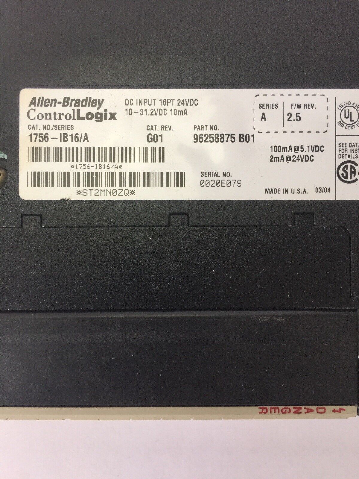 ALLEN BRADLEY 1756-IB16 DC INPUT 16PT 24VDC 10-31.2VDC 10mA SER A F/W REV. 2.5