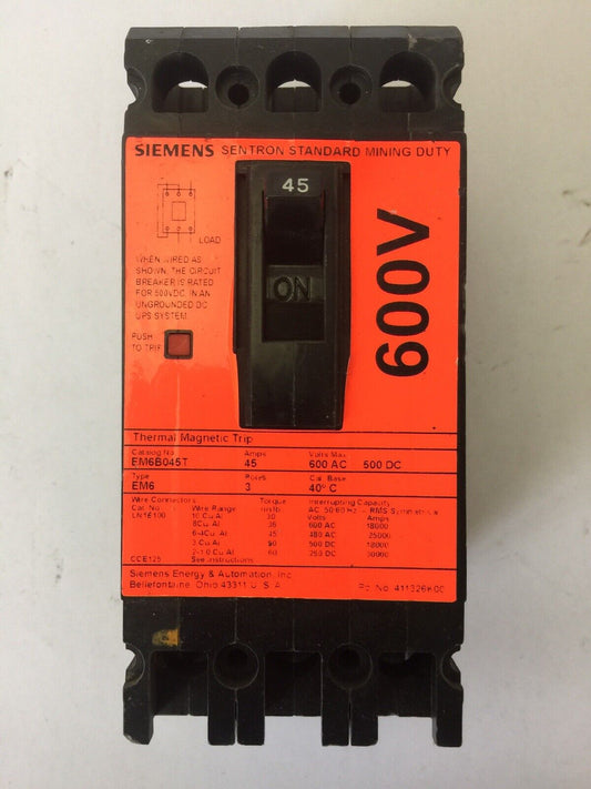 SIEMENS EM6B045T SENTRON STANDARD MINING DUTY BREAKER 45A 600VAC 500VDC 3 POLE