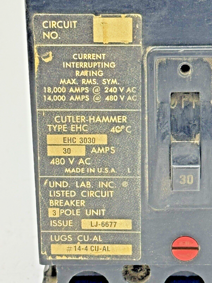 CUTLER-HAMMER - EHC3030 - CIRCUIT BREAKER -3 POLE/30 A/480 VAC