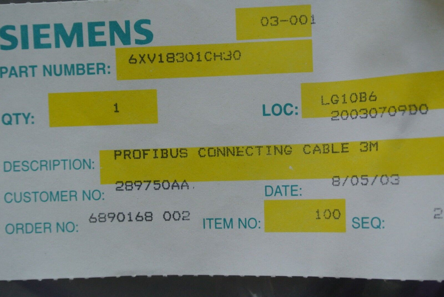 SIEMENS 6XV1830-1CH30 - PROFIBUS CONNECTING CABLE x 3 METERS - NEW SURPLUS