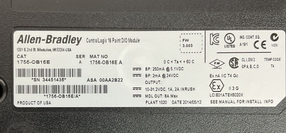 ALLEN BRADLEY 1756-OB16E SER A FW 3.003 CONTROL LOGIX 16PT D/O MODULE