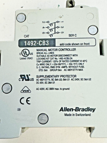 ALLEN-BRADLEY - 1492-CB3-G030 SER. C - MOTOR CONT.- 3P, 3A, 277 V, 1-1/2 HP, 3PH