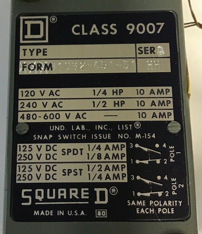 SQUARE D 9007 31032-451-51 HEAVY DUTY LIMIT SWITCH SERIES A