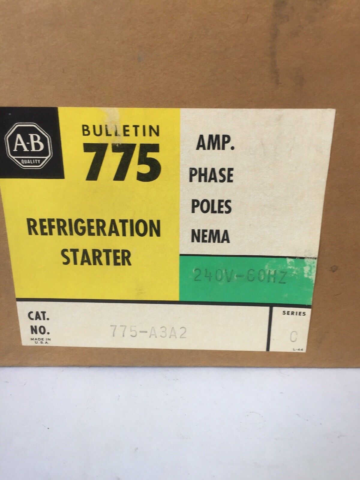 ALLEN BRADLEY 775-A3A2 REFRIGERATION STARTER 60A547 COIL 240V 60HZ