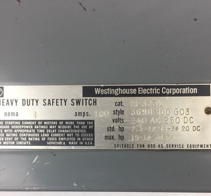WESTINGHOUSE HF323N HEAVY DUTY SAFETY SWITCH 240 VAC 250 VDC 100 AMP NEMA 1
