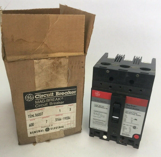 GE TEML36007 MAG-BREAK CIRCUIT BREAKER 7AMP 600VAC 3 POLE INSTANTANEOUS TRIP