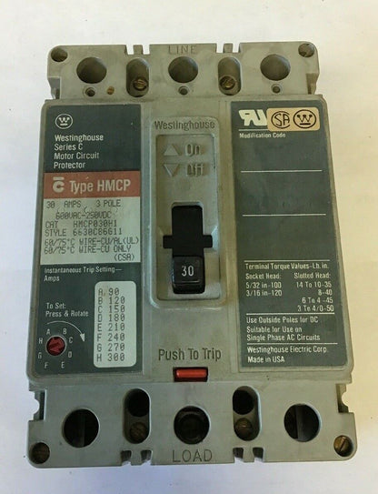 WESTINGHOUSE HMCP030H1 CIRCUIT PROTECTOR  SER.C 30AMP 3POLE 600VAC-250VDC
