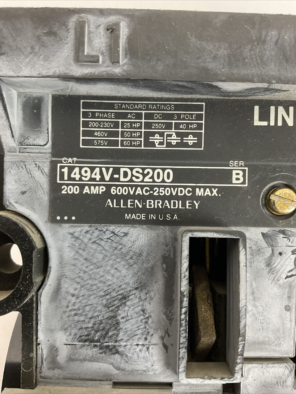 ALLEN BRADLEY 1494V-DS200 SER B 200A 600VAC 250VDC 1494V-FSR622 TRS-100R
