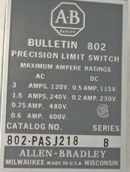 ALLEN-BRADLEY 802-PASJ218 PRECISION LIMIT SWITCH / PUSH ROLLER / NEW SURPLUS