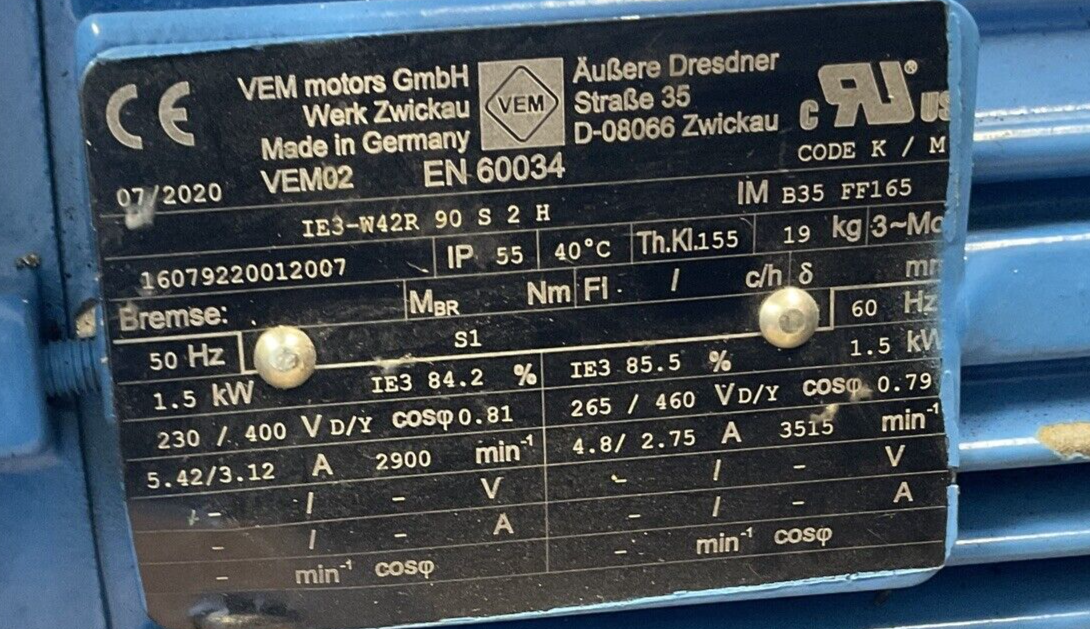 VEM MOTORS IE3-W42R 90 S 2H SIDE CHANNEL COMPRESSOR  1.5KW 60/50HZ 230/400V