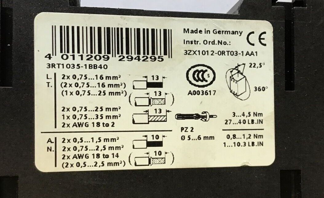 SIEMENS SIRIUS 3RT1035-1BB40 CONTACTOR 24VDC 50/60HZ 690V