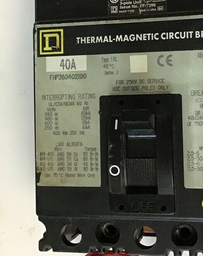 SQUARE D FHP360402100 CIRCUIT BREAKER 40A 600VAC 250VDC 3POLE