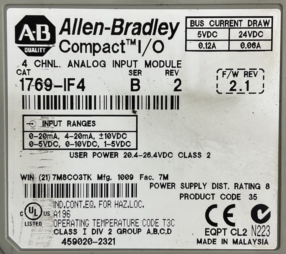 ALLEN BRADLEY 1769-IF4 SER B REV 2 F/W REV 2.1 COMPACT I/O 4 CHNL ANALOG INPUT