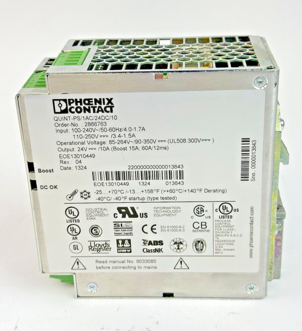 PHOENIX - QUINT-PS/1AC/24D - POWER SUPPLY -240W, 24VDC out, 10 A, 100-240 VAC in