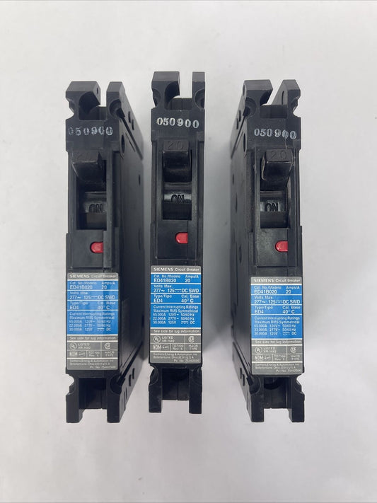 SIEMENS ED41B020 CIRCUIT BREAKER 20AMP 277VAC 125VDC 1POLE (LOT OF 3)