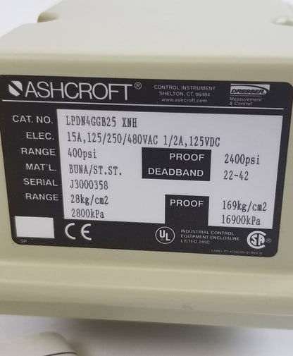 ASHCROFT LDDN4GGB25 XNH PRESSURE SWITCH RANGE: 30 PSID PROOF 2000 PSI