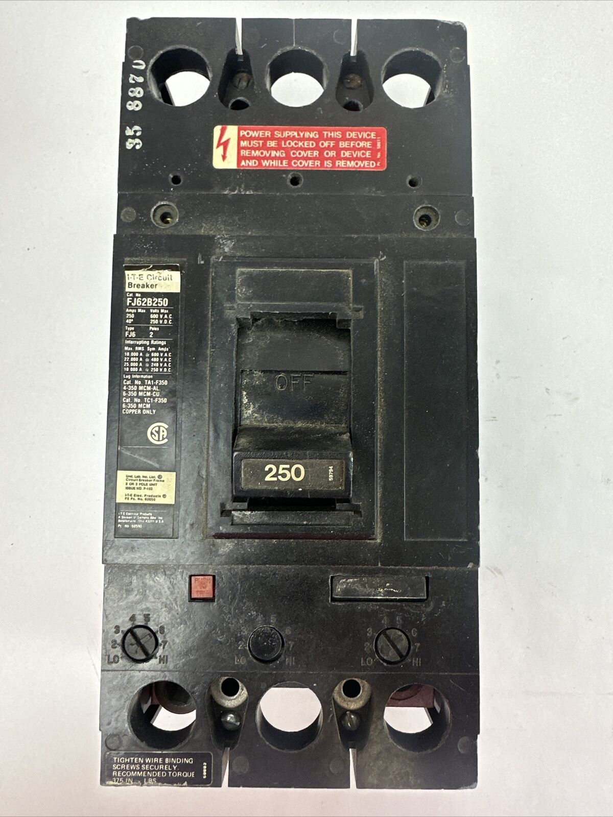 ITE FJ62B250 CIRCUIT BREAKER 250AMP 600VAC 250VDC 2POLE