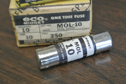 BOX of 10 / ECONOMY / ECO / FPE MOL-10 MIDGET FUSE / 10A / 250V / NEW SURPLUS