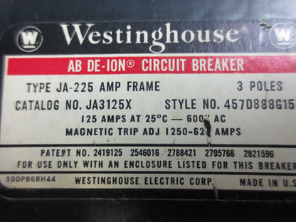 WESTINGHOUSE JA3125X MOLDED CASE CIRCUIT BREAKER 125A 600VAC 3-POLE