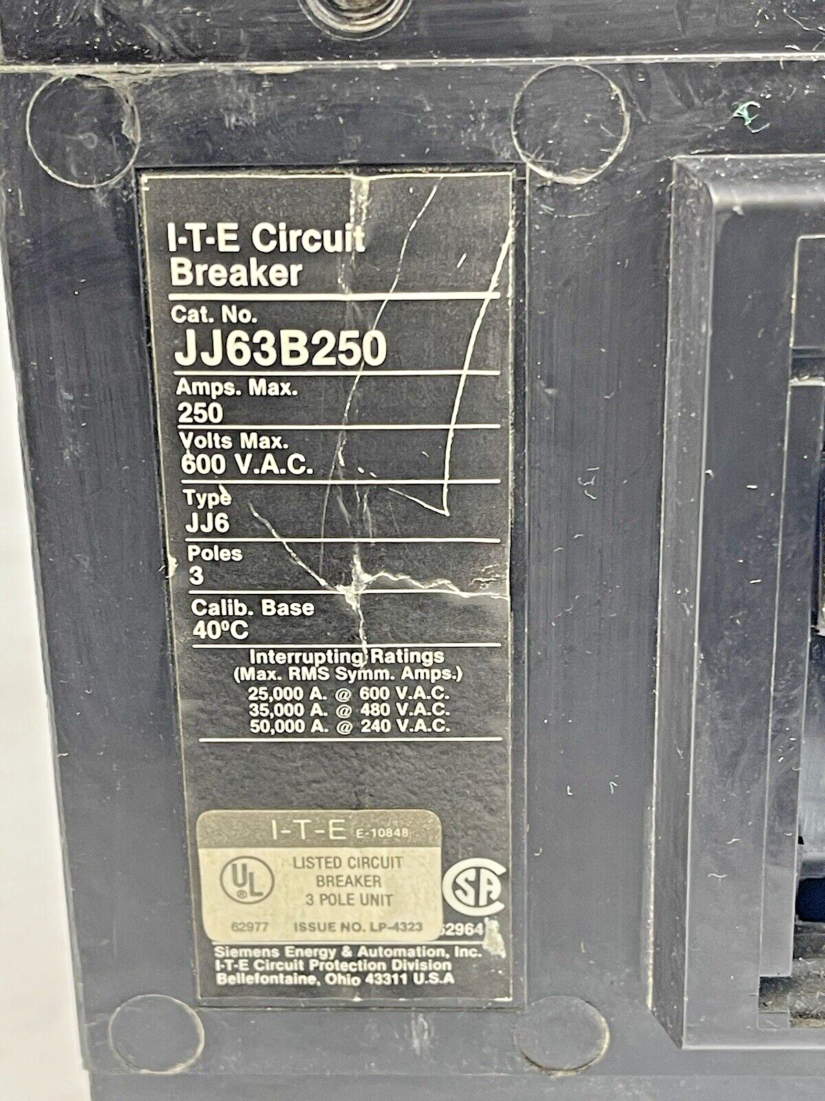 ITE - JJ63B250 - CIRCUIT BREAKER - 250 A, 600 VAC, 3 POLE, TYPE JJ6