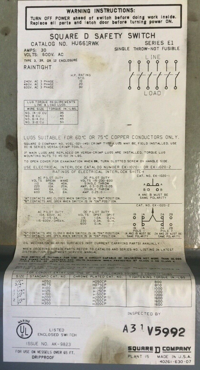 SQUARE D HU661RWK NON FUSIBLE SAFETY SWITCH SERIES E1 600VAC 30A 30HP 6 POLE