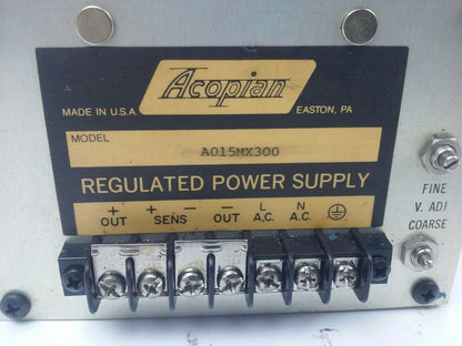 ACOPIAN A015MX300 REGULATED POWER SUPPLY, A015MX, FINE V. ADJ. COARSE, MX300