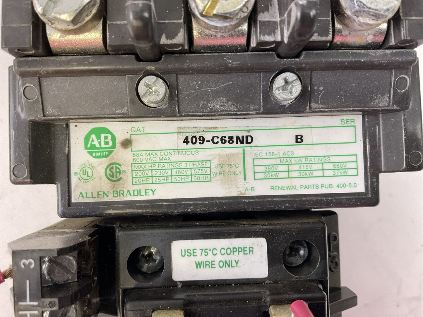 ALLEN BRADLEY 409-C38ND SER B STARTER 68A 600VAC 3PH 60HP COIL 115-120V W72 HEAT
