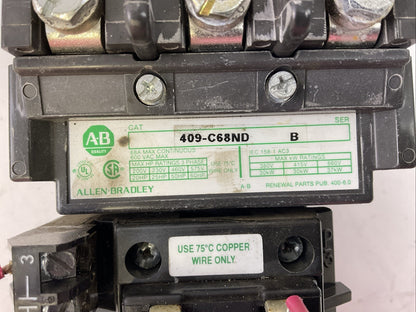 ALLEN BRADLEY 409-C38ND SER B STARTER 68A 600VAC 3PH 60HP COIL 115-120V W72 HEAT