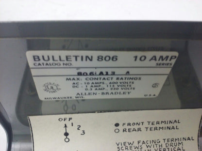 ALLEN BRADLEY 806-A13 SER. A, ROTARY PILOT SWITCH,1P 3 THROW WITH OFF POSITION,
