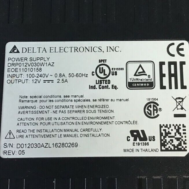 DELTA ELECTRONICS DRP012V030W1AZ POWER SUPPLY 240VAC 0.8A 50-60HZ 12VDC REV.05