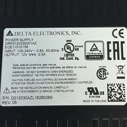 DELTA ELECTRONICS DRP012V030W1AZ POWER SUPPLY 240VAC 0.8A 50-60HZ 12VDC REV.05