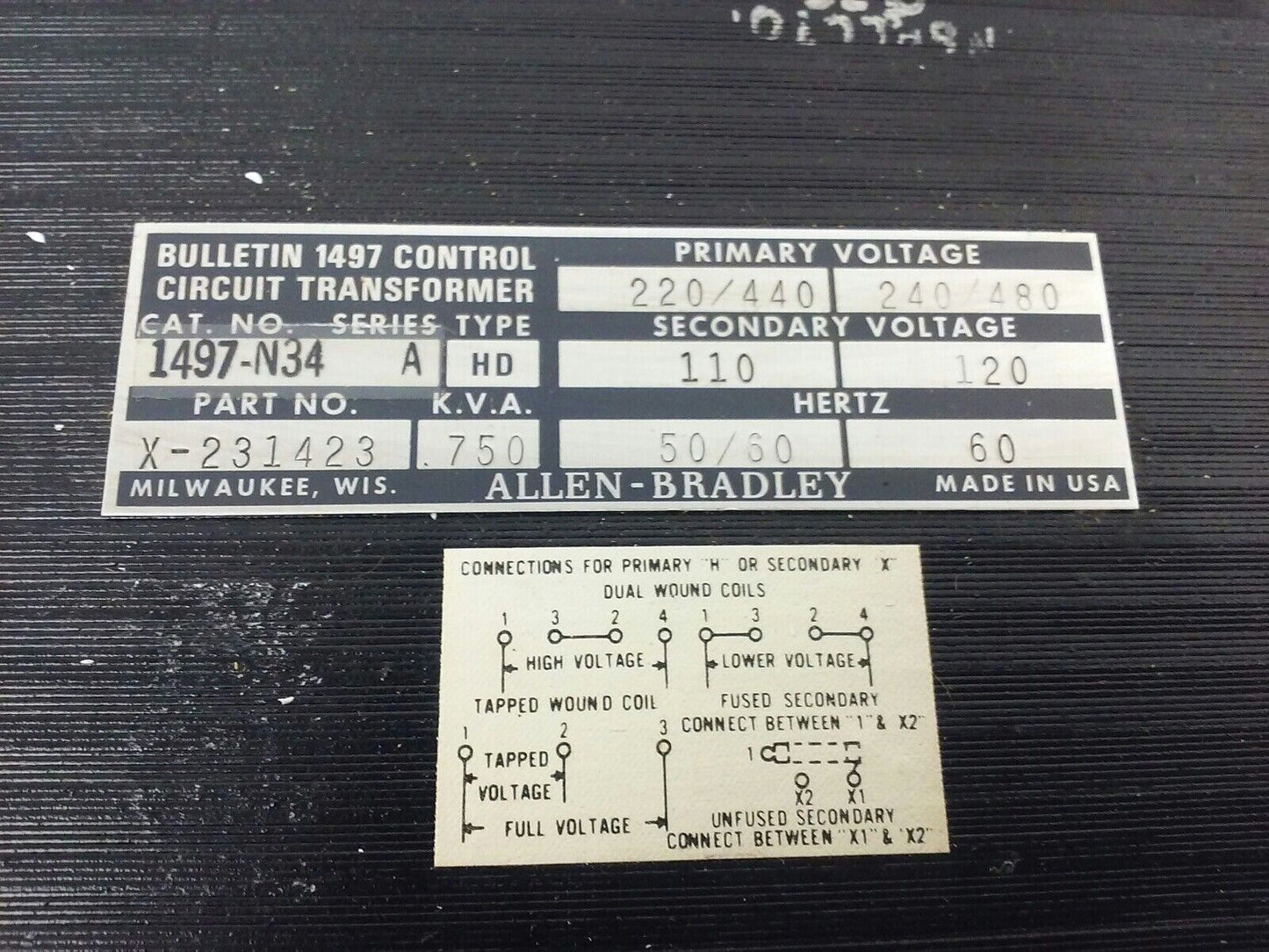 ALLEN BRADLEY 1497-N34 SER. A CONTROL CIRCUIT TRANSFORMER,.750KVA, PRI 240/480V