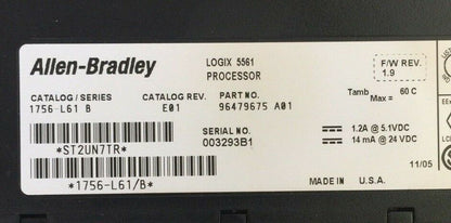 ALLEN BRADLEY 1756-L61 SER B LOGIX 5561 PROCESSOR CAT REV E01 F/W REV 1.9 24VDC