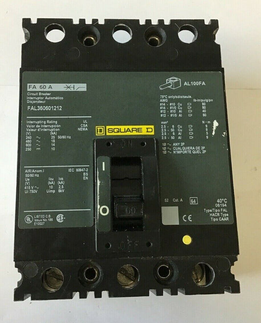 SQUARE D FAL360601212 60A CIRCUIT BREAKER 600VAC 250VDC