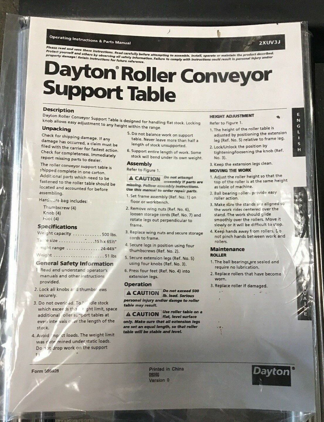 Dayton 2XUV3 Roller Conveyor Support Table, 500 Lb Cap 65.5" LONG, 15.5" WIDE.