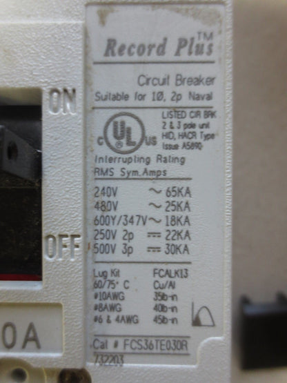 GE FCS36TE030R1 RECORD PLUS CIRCUIT BREAKER 30A, 480VAC, 3-POLE - NEW SURPLUS