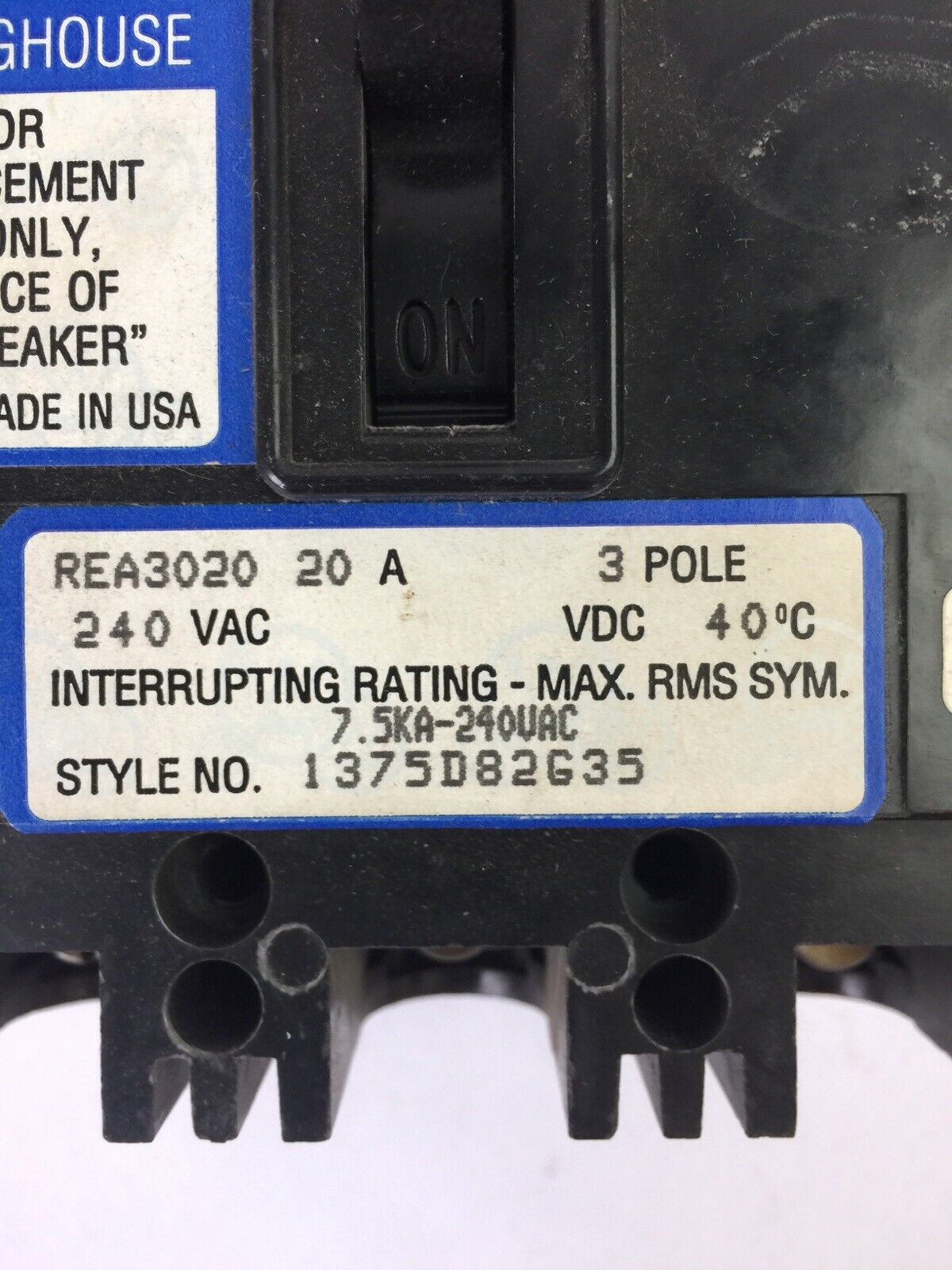 WESTINGHOUSE REA3020 CIRCUIT BREAKER 20AMP 3POLE 240VAC 1375D82G35