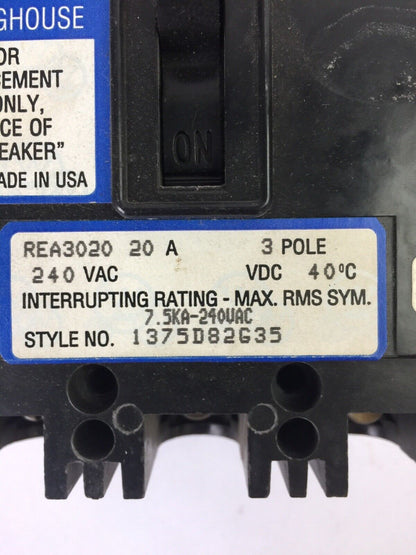 WESTINGHOUSE REA3020 CIRCUIT BREAKER 20AMP 3POLE 240VAC 1375D82G35