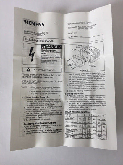 SIEMENS CQDA1 AUXILIARY SWITCH 250 VDC 60HZ 15 AMP