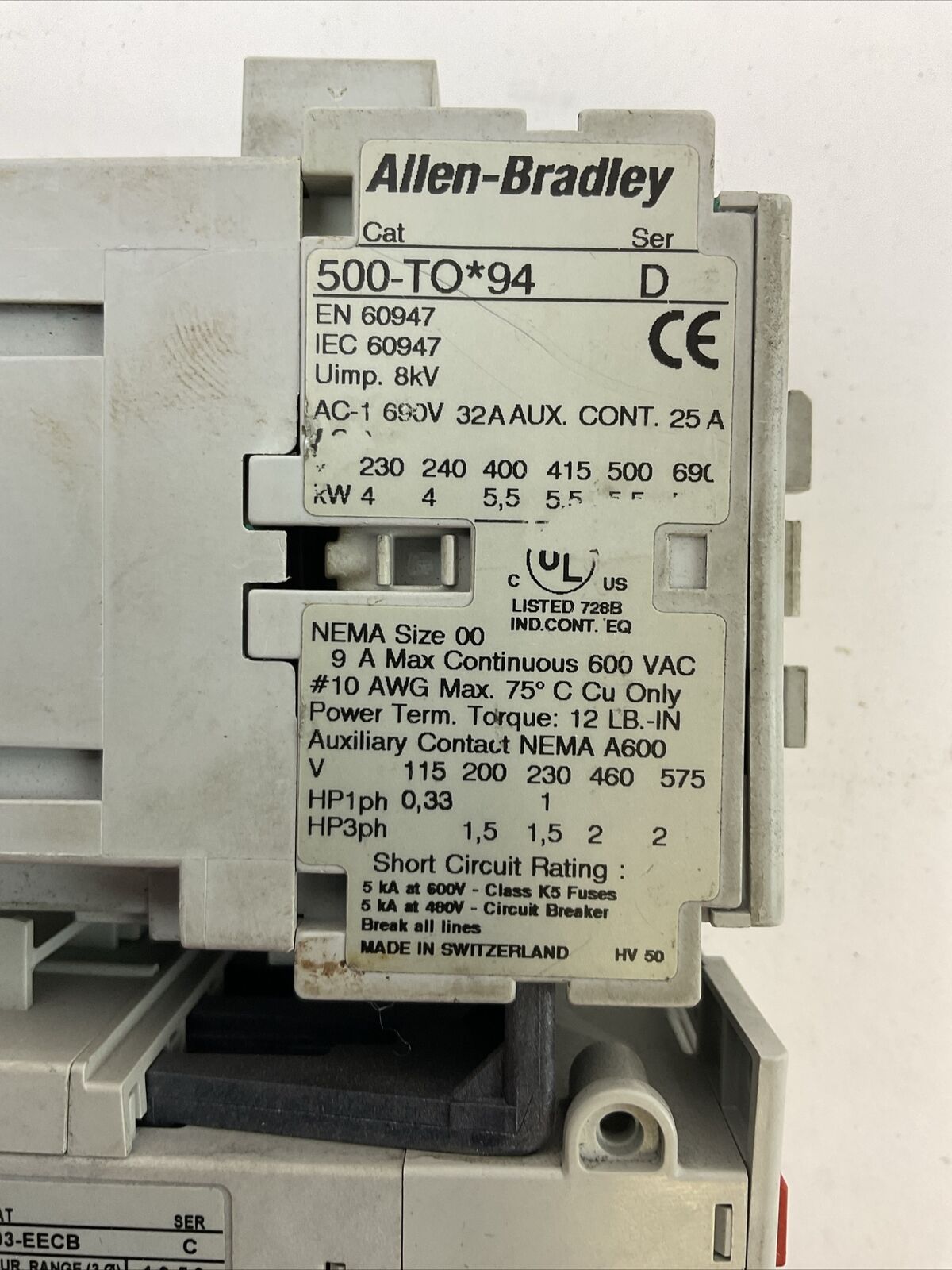 ALLEN BRADLEY STARTER (500-TO*94 SER D COIL 120V + 193-EECB SER C 1.0-5.0A)