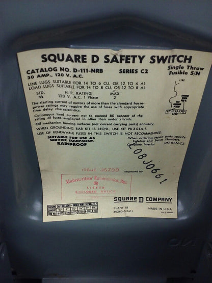 SQ.D D-111-NRB, SER. C2, SAFETY SWITCH, 1P, 30A, 120V, STD H.P. 1/2, MAX H.P 2