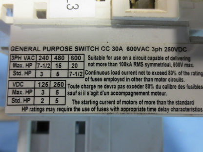 SIEMENS CFS-CC-30A DISCONNECT SWITCH 30AMP 3POLE 600VAC 250VDC