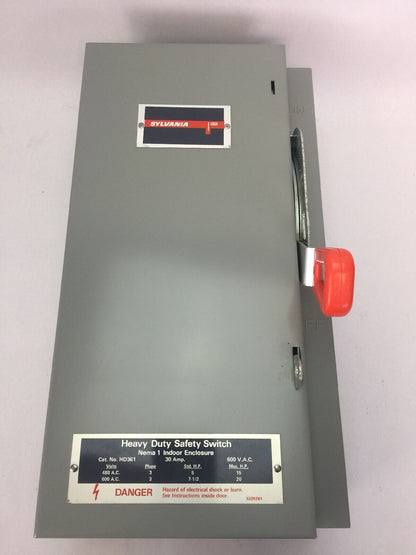 SYLVANIA HD361 FUSIBLE HEAVY DUTY SAFETY SWITCH 30AMP 480/600VAC 20HP 3 PHASE