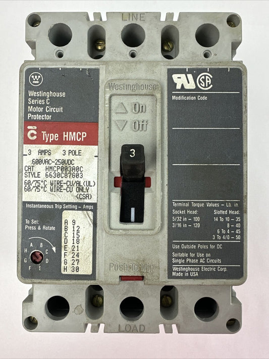 WESTINGHOUSE HMCP003A0C 3A 3P 600VAC 250VDC 6630C87G03 SER C MOTOR CIRCUIT