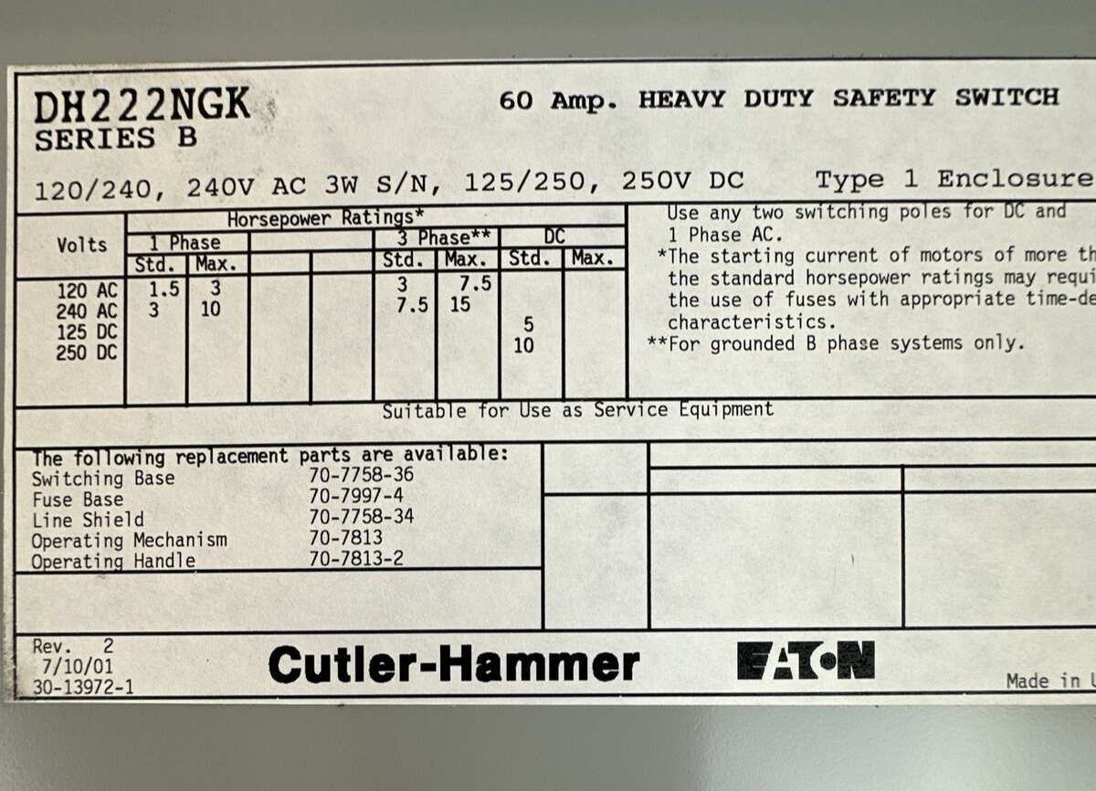 CUTLER HAMMER DH222NGK FUSIBLE SAFETY SWITCH 240VAC 3PH 15HP 250VDC 10HP 2P 60A