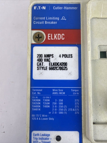 EATON CUTLER HAMMER SLKDC4200 CIRCUIT BREAKER 4POLE 200AMP 480VAC KT3200T ELD344